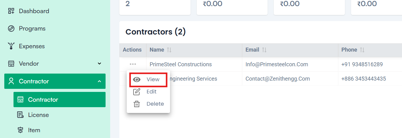 View Contractor Details