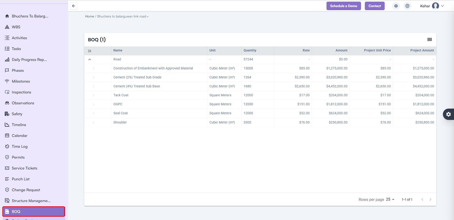 BOQ (Bill of Quantities) View