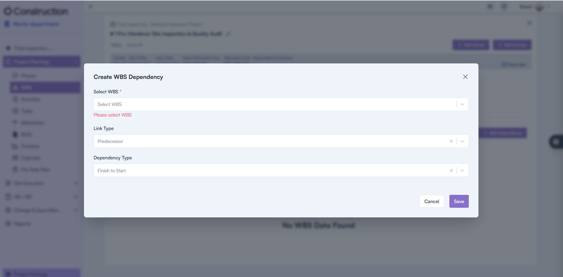 Mandatory Field Validation – WBS Dependency