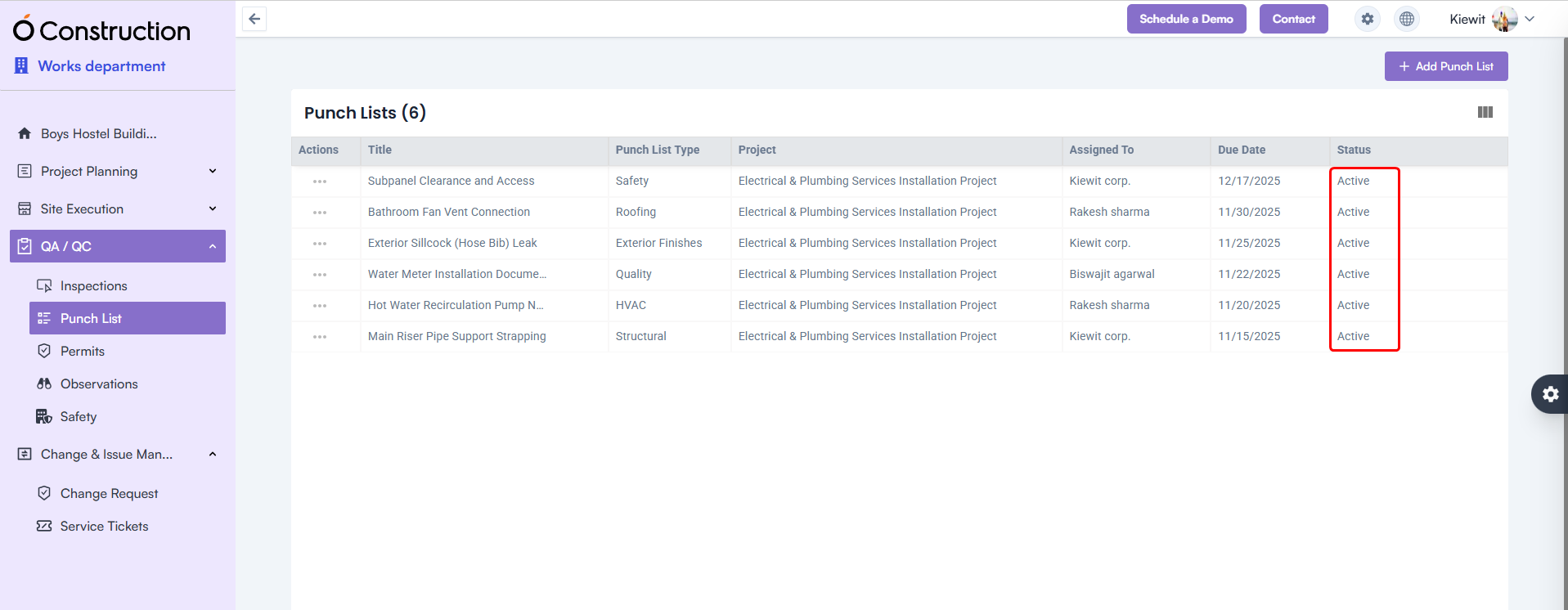 Punchlist Status Display