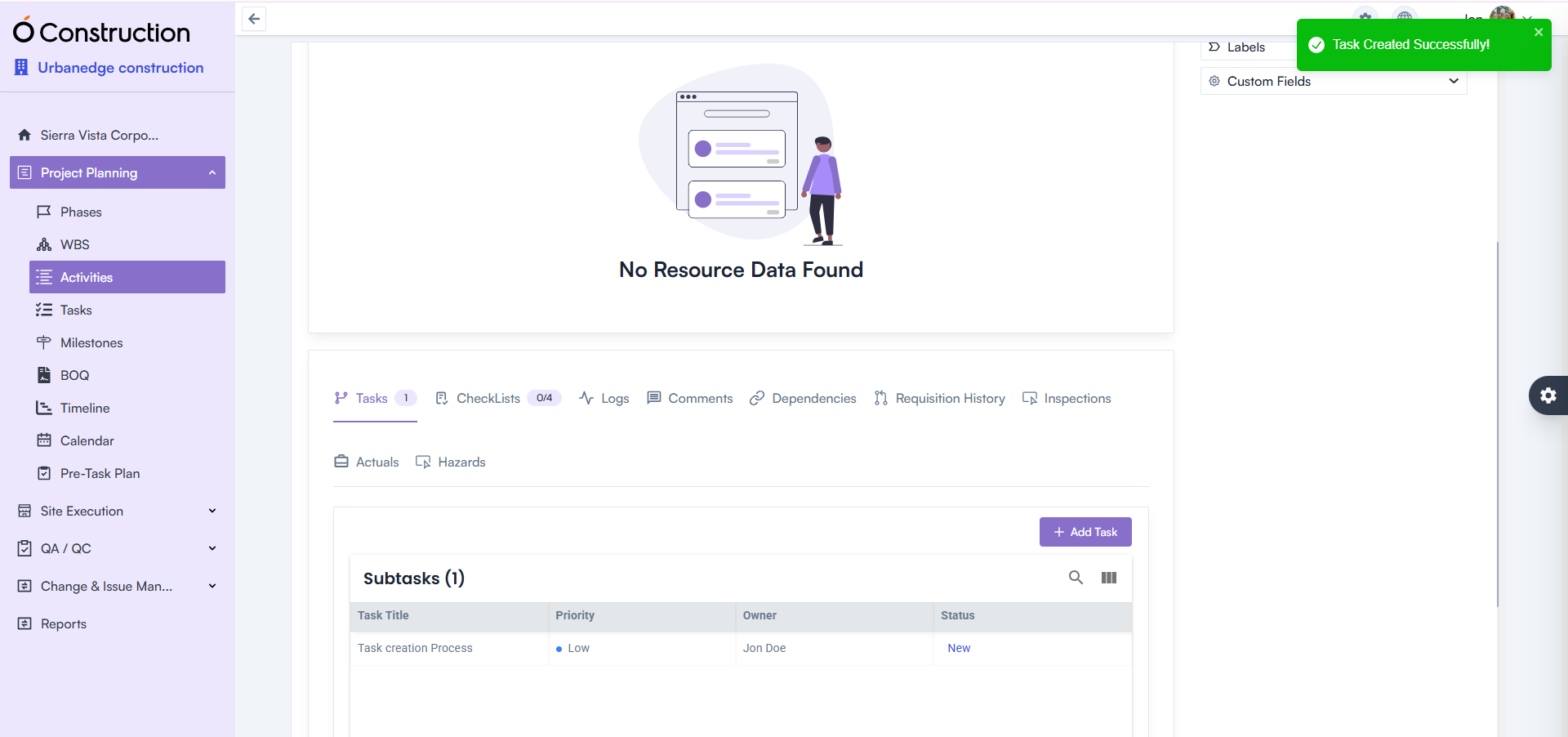 Activity Details — Task Creation Error Fixed