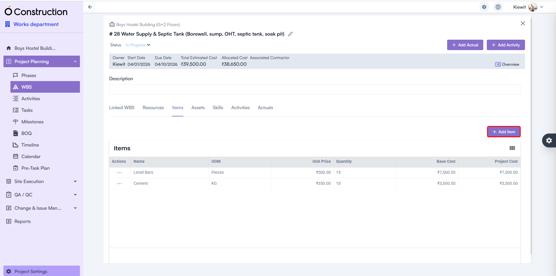 WBS Details Page — Item & Asset Adding Enabled