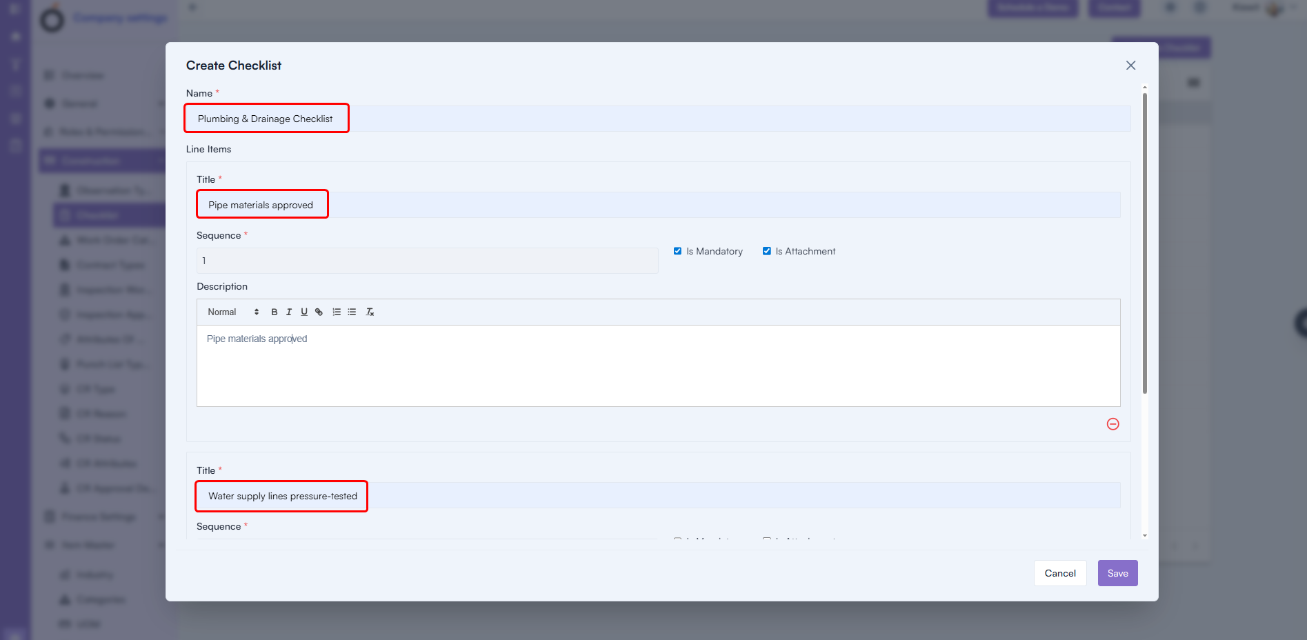 Checklist Creation with Line Items