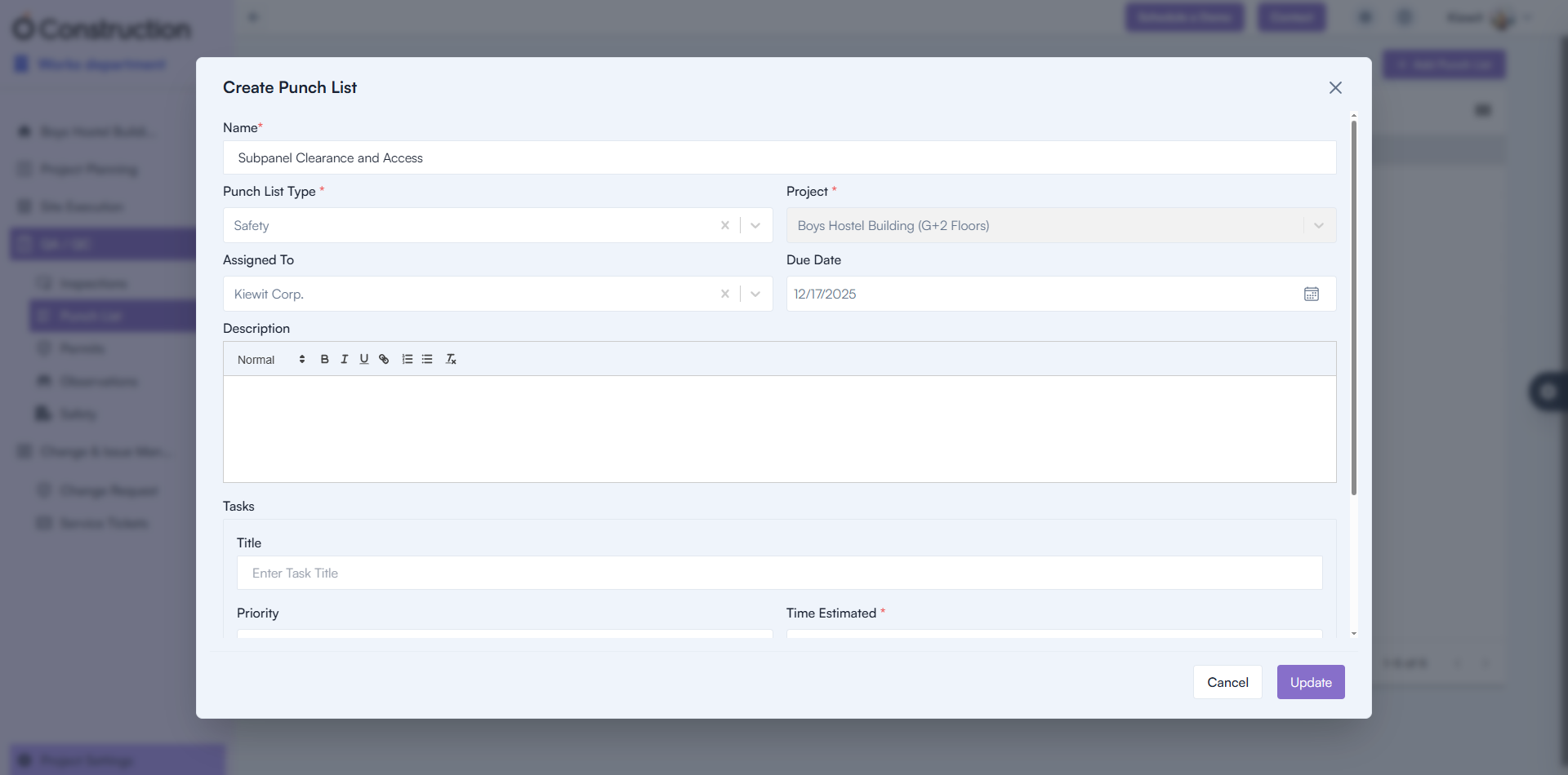 Punchlist Creation Failure