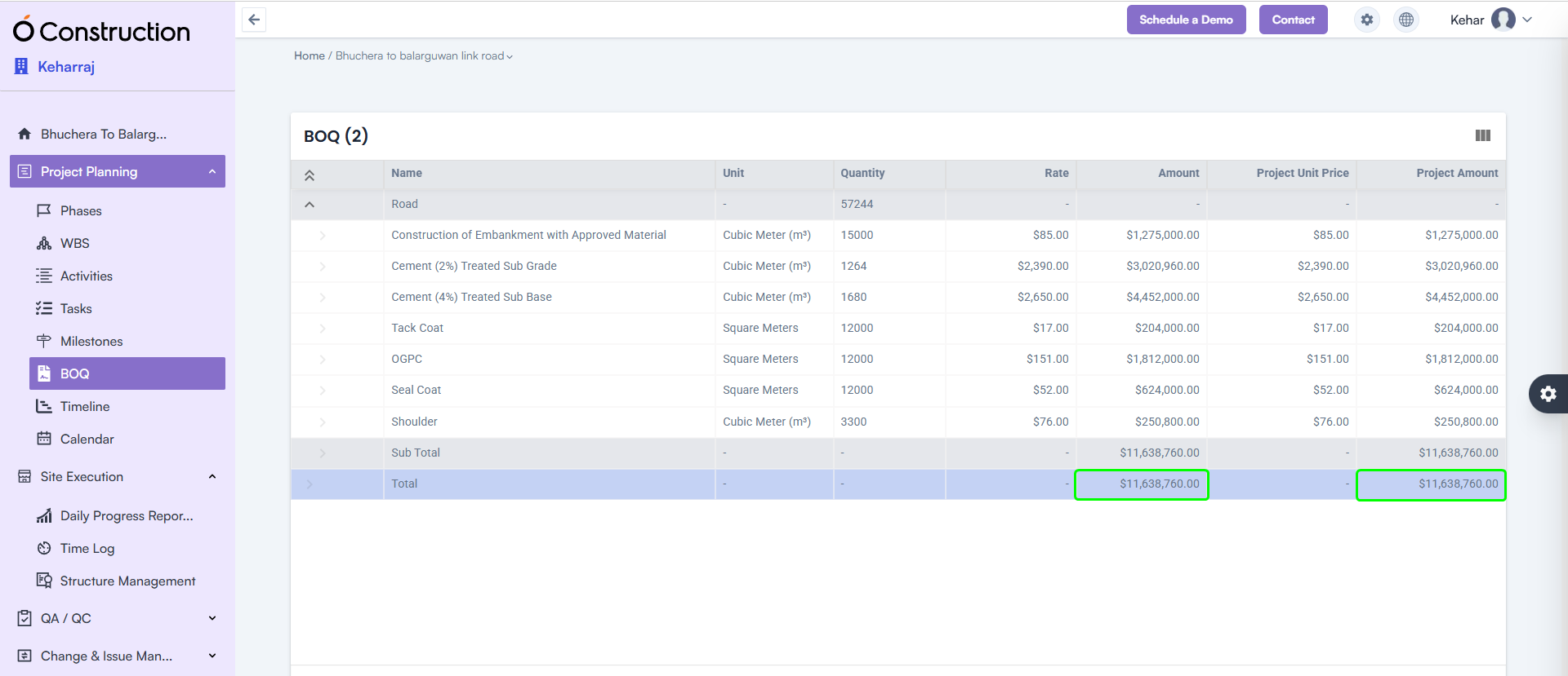 BOQ Subtotal & Total Highlight
