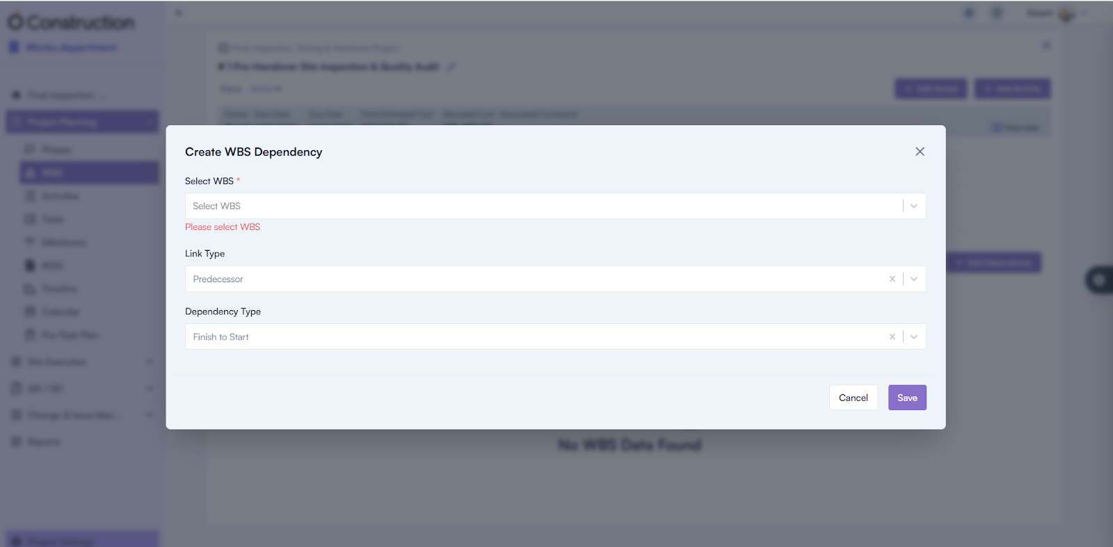 Mandatory Field Warnings – WBS Dependency