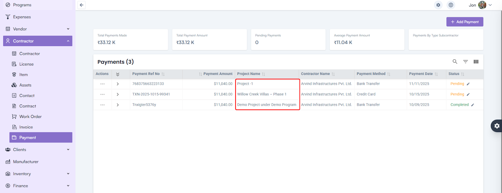 Project Name Display Issue