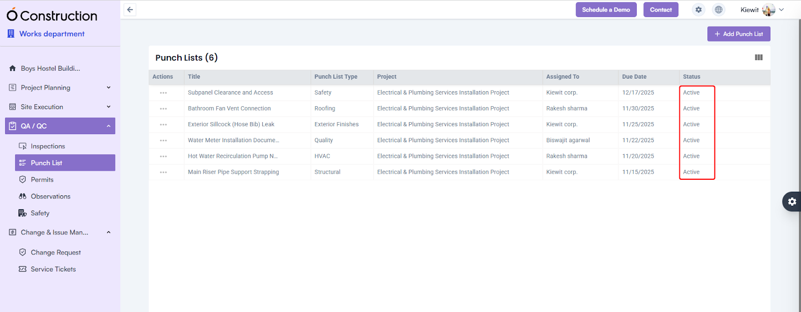 Punchlist Status Display 