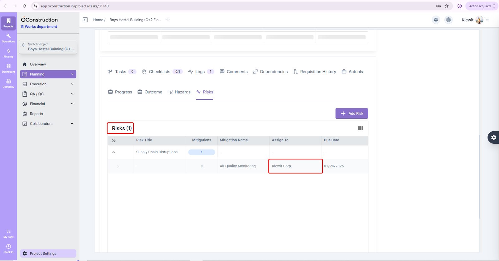 Risk Table Owner Name